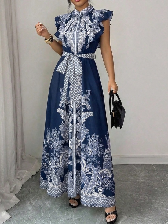 Dresses & Skirts - Boho Floral Print Button Down Ruffle Cap Sleeve Maxi Dress
